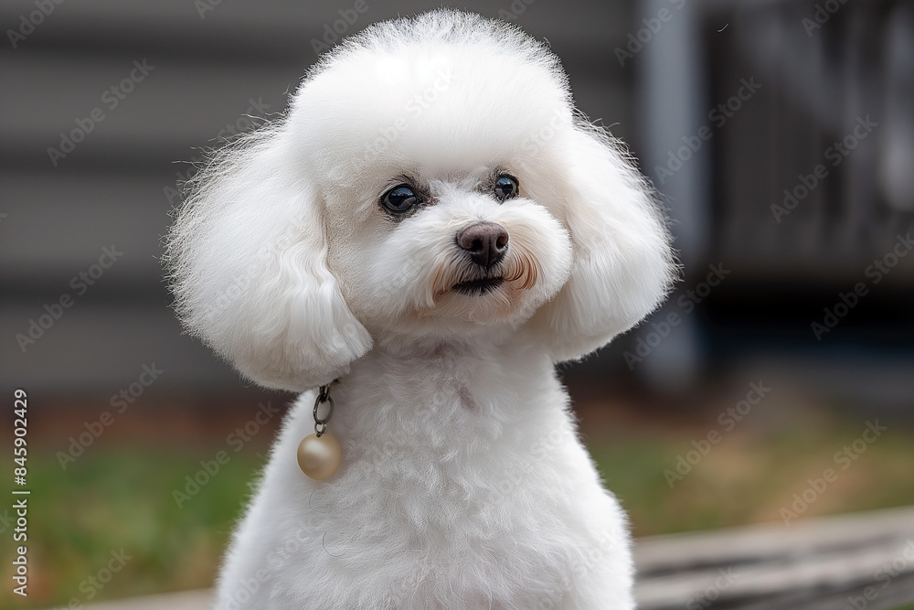 Cute fluffy white Bichon Frize with pearl collar posing outdoors Cute fluffy white Bichon Frize with pearl collar posing outdoors