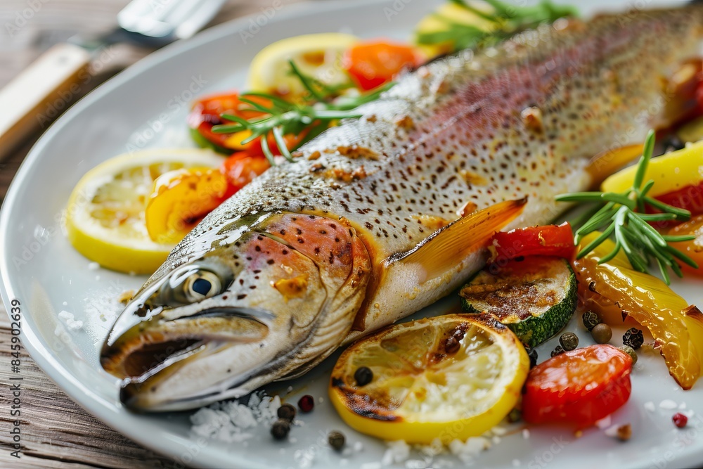 Baked rainbow trout with lemon and colorful vegetables Baked rainbow trout with lemon and colorful vegetables
