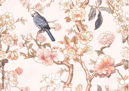 Blossom trees with sparrow and parrots Seamless pattern, background. Vector illustration. In Chinoiserie, botanical style