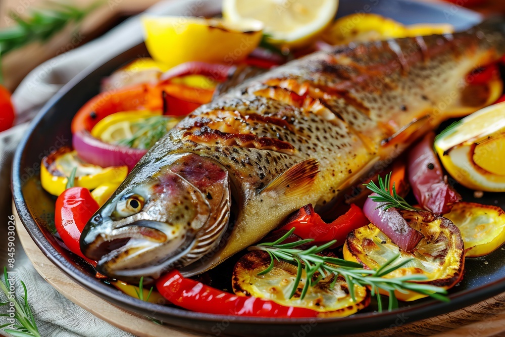 Baked rainbow trout with lemon and colorful vegetables Baked rainbow trout with lemon and colorful vegetables
