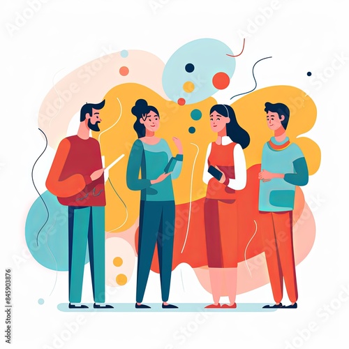 flat vector style illustration, a diverse group of people talking and collaborating, on white background 