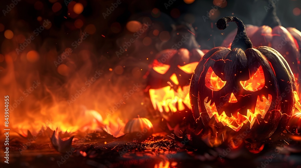 Halloween night scene background with castle with halloween pumpkin within flames in the graveyard and bats in the night, AI Generation Halloween night scene background with castle with halloween pumpkin within flames in the graveyard and bats in the night, AI Generation