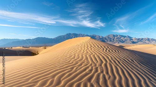 Textured sand dunes with ripples and shadows under a sunset sky.