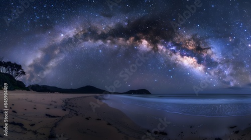 Night landscape with stars, tropical beach at night, palm on the ocean, milky way in the sky photo