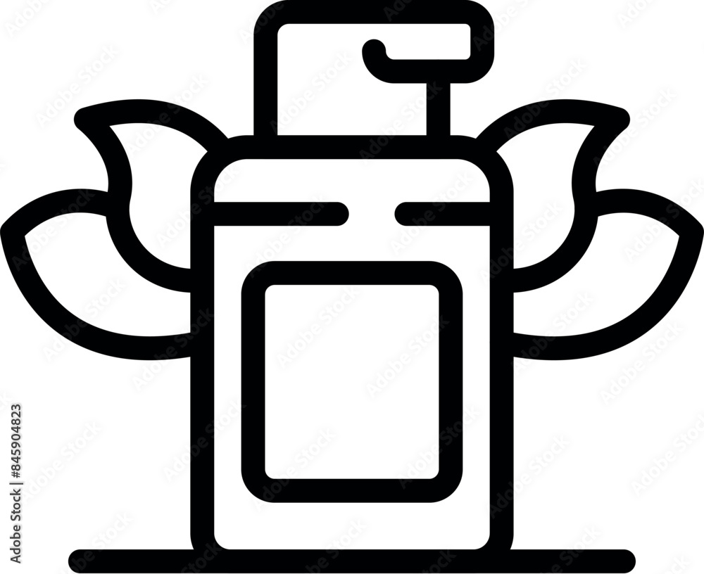 Naklejka premium Line drawing of a dispenser containing cosmetic product with leaves on each side, evoking nature and ecology