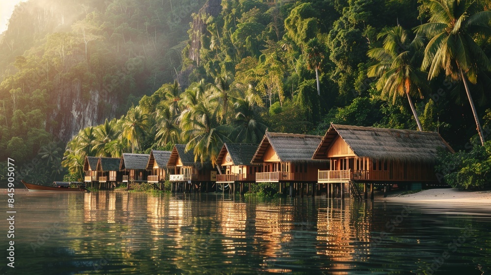 Obraz premium Beautiful luxury tropical vacation resort with palm tree and houses