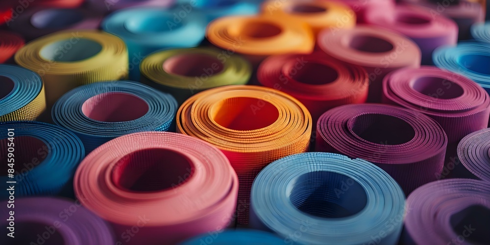Neatly Stacked High-Quality Yoga Mats in a Colorful Fitness Studio. Concept Yoga Studio, High-Quality Mats, Colorful Decor, Fitness Environment Neatly Stacked High-Quality Yoga Mats in a Colorful Fitness Studio. Concept Yoga Studio, High-Quality Mats, Colorful Decor, Fitness Environment