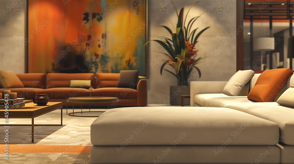 A cozy sitting area with soft sofas and a beautifully set dinner table in a modern, tastefully decorated home interior
A cozy sitting area with soft sofas and a beautifully set dinner table in a modern, tastefully decorated home interior
