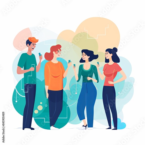 flat vector style illustration, a diverse group of people talking and collaborating, on white background 