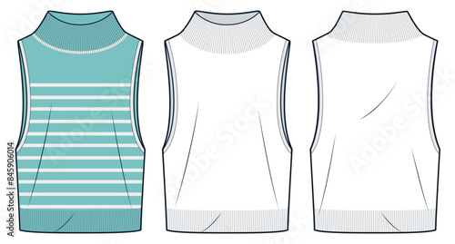 Vest Sweater technical fashion illustration. Knit Vest Top fashion flat technical drawing template, roll neck, striped pattern, front, back view, white, aqua green, women, men, unisex CAD mockup set.