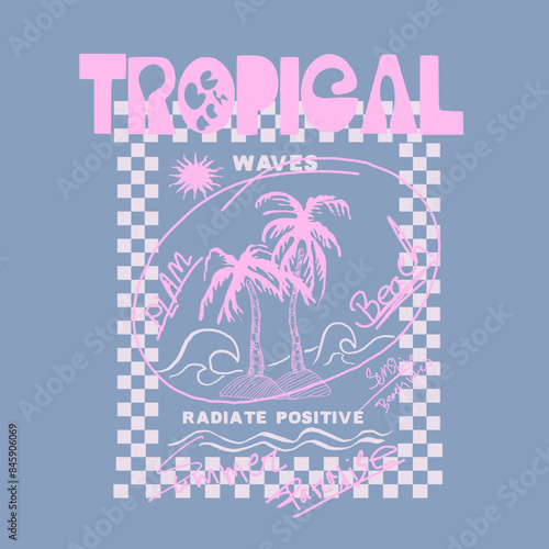 Girls graphic in Vector illustration on the theme of Tropical and surf in California. Sport typography, t-shirt graphics, print, summer beach sunshine vector print design artwork, Beach Paradise Print