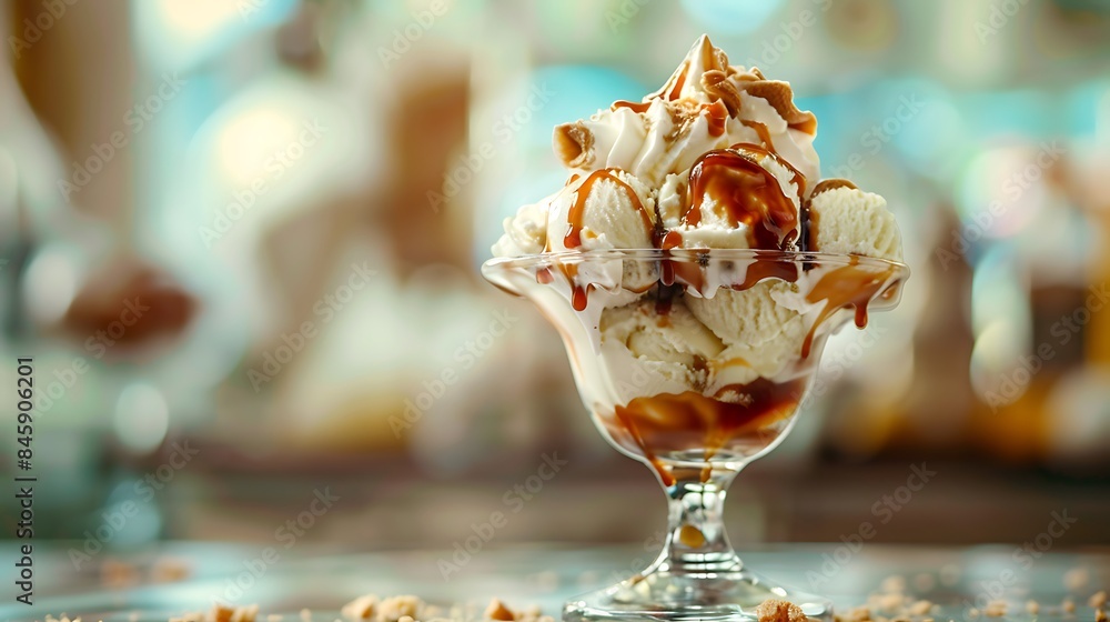 Naklejka premium Caramel ice cream sundae in creamy background