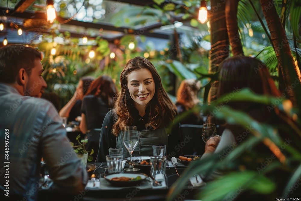 A group of friends are enjoying a pleasant evening at an outdoor restaurant adorned with fairy lights and greenery A group of friends are enjoying a pleasant evening at an outdoor restaurant adorned with fairy lights and greenery
