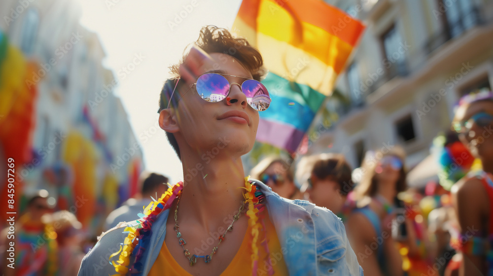 Young gay Caucasian man with sunglasses amongst rainbow flags during a gay pride celebration. Young gay Caucasian man with sunglasses amongst rainbow flags during a gay pride celebration.