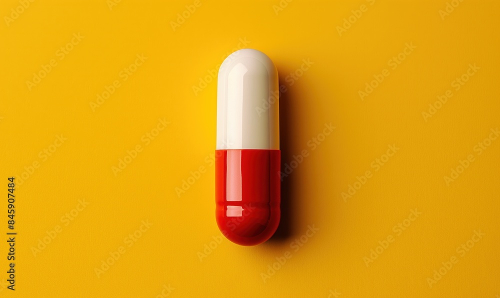 The tablet is a capsule on a yellow background. The concept of medicine. vitamins, dietary supplements for humans, maintenance of immunity and health The tablet is a capsule on a yellow background. The concept of medicine. vitamins, dietary supplements for humans, maintenance of immunity and health