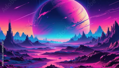 Fototapeta Naklejka Na Ścianę i Meble -  Alien planet fantasy landscape space background. Sci-fi horizontal poster. Science fiction digital raster bitmap illustration. Horizontal format wallpaper.