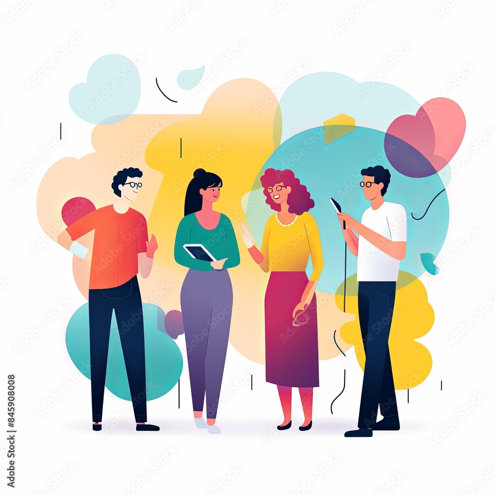 flat vector style illustration, a diverse group of people talking and collaborating, on white background flat vector style illustration, a diverse group of people talking and collaborating, on white background