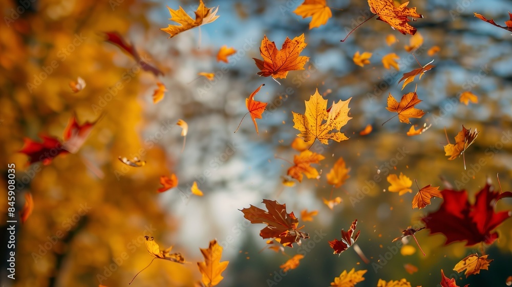Bright fall scene with orange leaves falling from tree branches on a sunny day. Generated AI Bright fall scene with orange leaves falling from tree branches on a sunny day. Generated AI