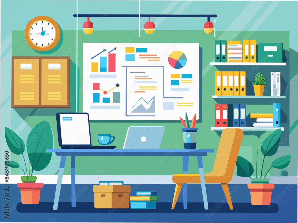 Fototapeta premium An office with a whiteboard covered in notes and diagrams