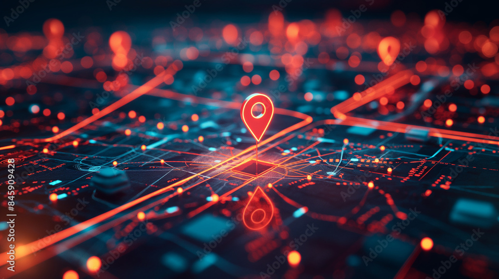 A digital map displaying a location with two pins set, representing AI technology in GPS, innovation in delivery services, and map location for future transport logistics A digital map displaying a location with two pins set, representing AI technology in GPS, innovation in delivery services, and map location for future transport logistics