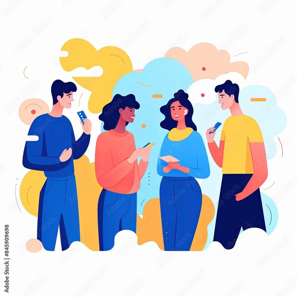 flat vector style illustration, a diverse group of people talking and collaborating, on white background flat vector style illustration, a diverse group of people talking and collaborating, on white background