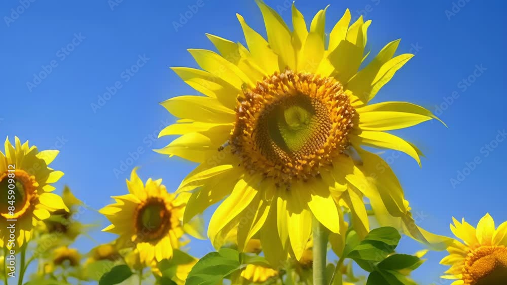 A sunny yellow sunflower its large face adorned with numerous bees eagerly collecting pollen. A sunny yellow sunflower its large face adorned with numerous bees eagerly collecting pollen.