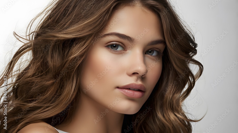 Elegant Young Woman with Long Loose Waves and Natural Makeup in a Professional Studio Portrait Elegant Young Woman with Long Loose Waves and Natural Makeup in a Professional Studio Portrait