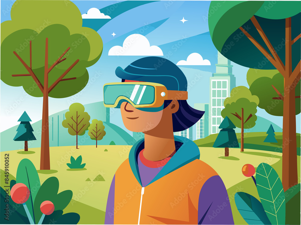 A person using augmented reality glasses in a park