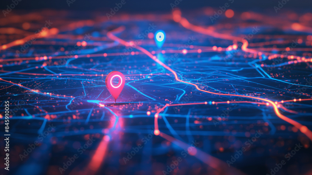 A digital map displaying a location with two pins set, representing AI technology in GPS, innovation in delivery services, and map location for future transport logistics