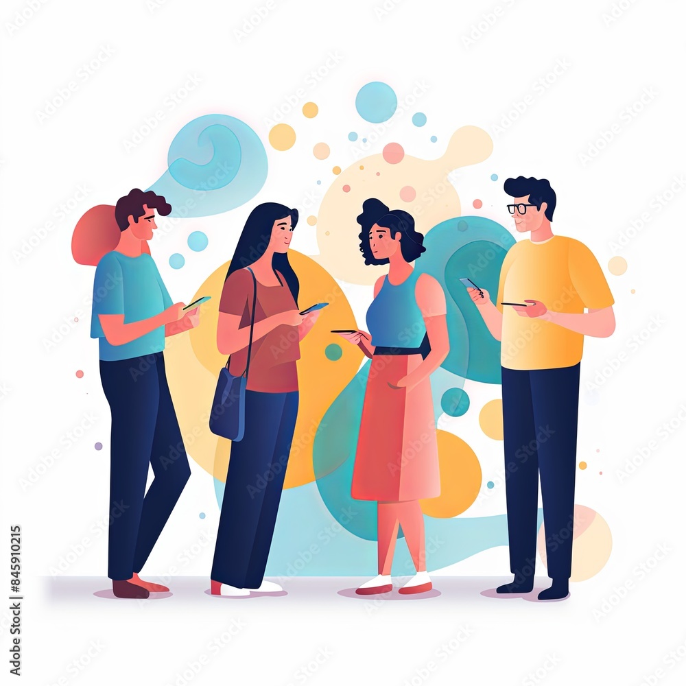 flat vector style illustration, a diverse group of people talking and collaborating, on white background flat vector style illustration, a diverse group of people talking and collaborating, on white background
