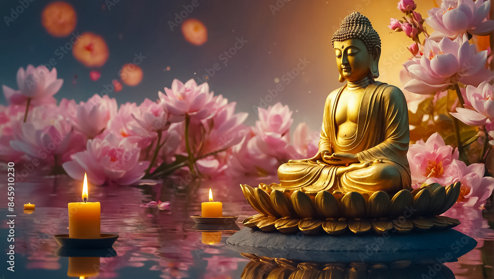 beautiful figure of golden Buddha, flowers traditional beautiful figure of golden Buddha, flowers traditional