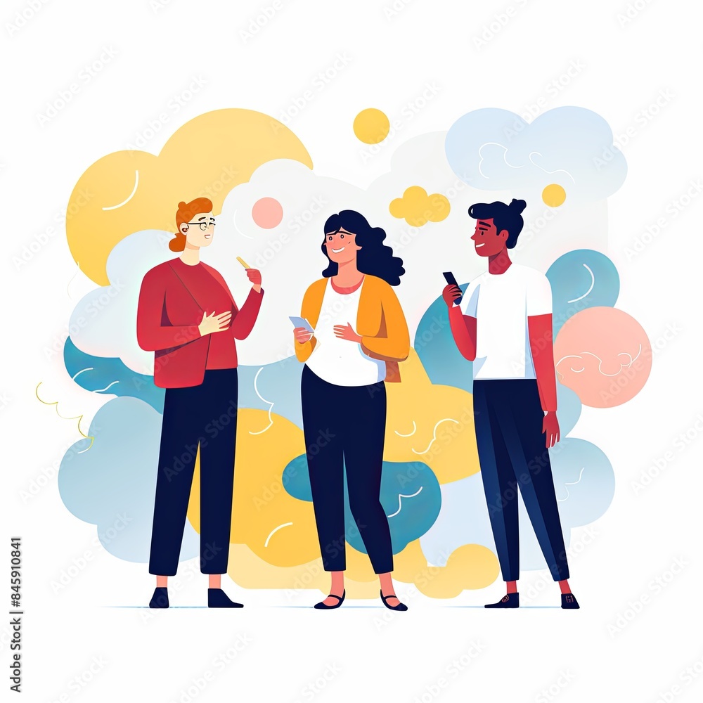 flat vector style illustration, a diverse group of people talking and collaborating, on white background flat vector style illustration, a diverse group of people talking and collaborating, on white background