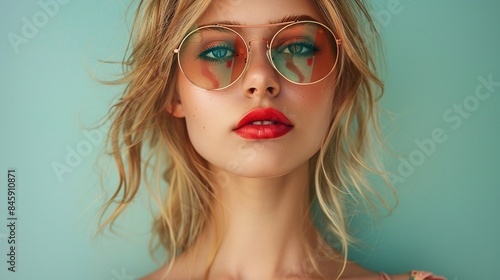 Woman wearing aviator sunglasses and pink top against teal background. Close-up studio fashion portrait.