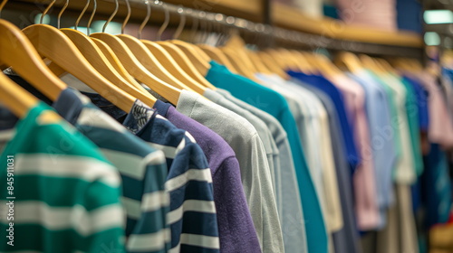 Row of hanging shirts on wooden hangers in different colors including blue, green and purple with white stripes on the left side of the frame