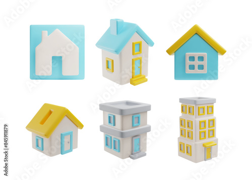 A set of 3D vectors depicting houses, from fancy cottages to multi-storey office buildings, highlighted © sabelskaya