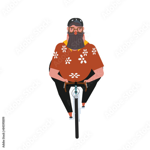 Vector illustration of an overweight male cyclist in a bright beach shirt, sitting on a bicycle, close-up, front view