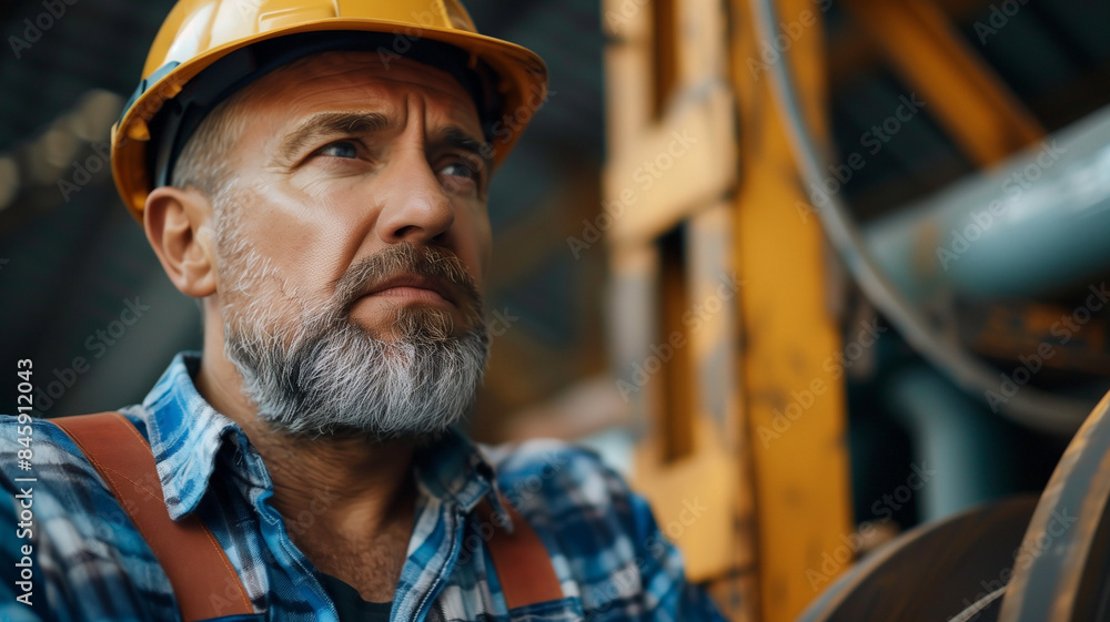 Close up man with a beard and hard hat working in an industrial complex while wearing PPE. Close up man with a beard and hard hat working in an industrial complex while wearing PPE.