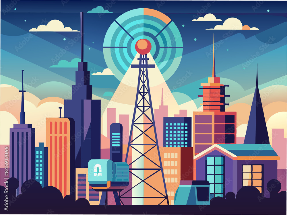 Obraz premium A 5G tower transmitting data in a cityscape