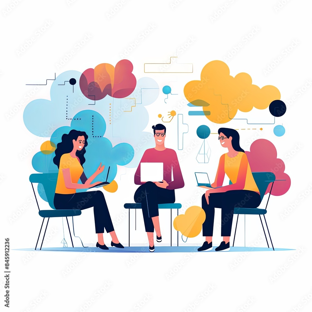flat vector style illustration, a diverse group of people talking and collaborating, on white background flat vector style illustration, a diverse group of people talking and collaborating, on white background