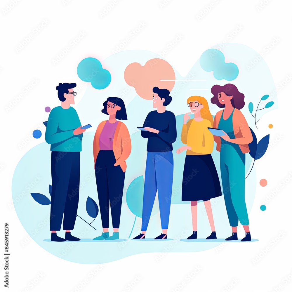 flat vector style illustration, a diverse group of people talking and collaborating, on white background flat vector style illustration, a diverse group of people talking and collaborating, on white background