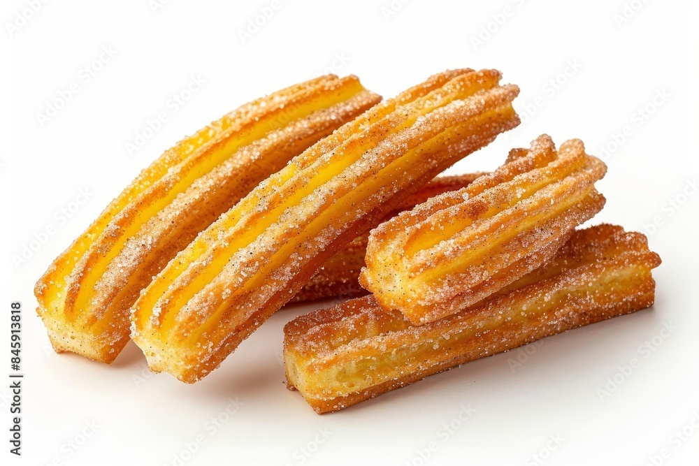 A delicious and crispy golden churro dusted with sugar on a white background, perfect for dessert and snack enthusiasts A delicious and crispy golden churro dusted with sugar on a white background, perfect for dessert and snack enthusiasts