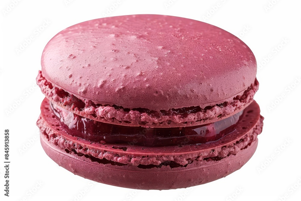 Close-up of a pink macaron with a jam filling on a white background. Perfect for dessert, bakery, or confectionery themed projects, white background Close-up of a pink macaron with a jam filling on a white background. Perfect for dessert, bakery, or confectionery themed projects, white background