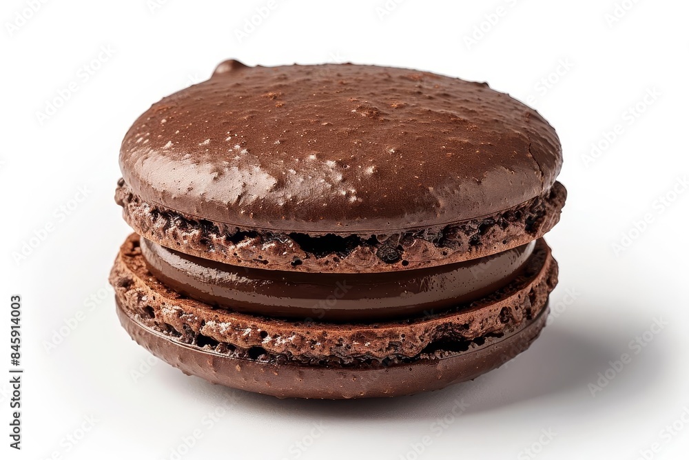 Delicious chocolate macaron with a smooth, rich filling, isolated on a white background. Perfect for dessert, snacks, and gourmet presentations, white background Delicious chocolate macaron with a smooth, rich filling, isolated on a white background. Perfect for dessert, snacks, and gourmet presentations, white background