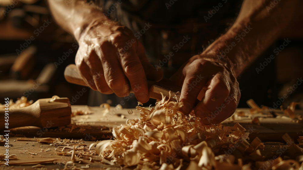 Close-up of hands skillfully working on a wooden project, with wood shavings scattered across a workbench, bathed in warm light. Close-up of hands skillfully working on a wooden project, with wood shavings scattered across a workbench, bathed in warm light.