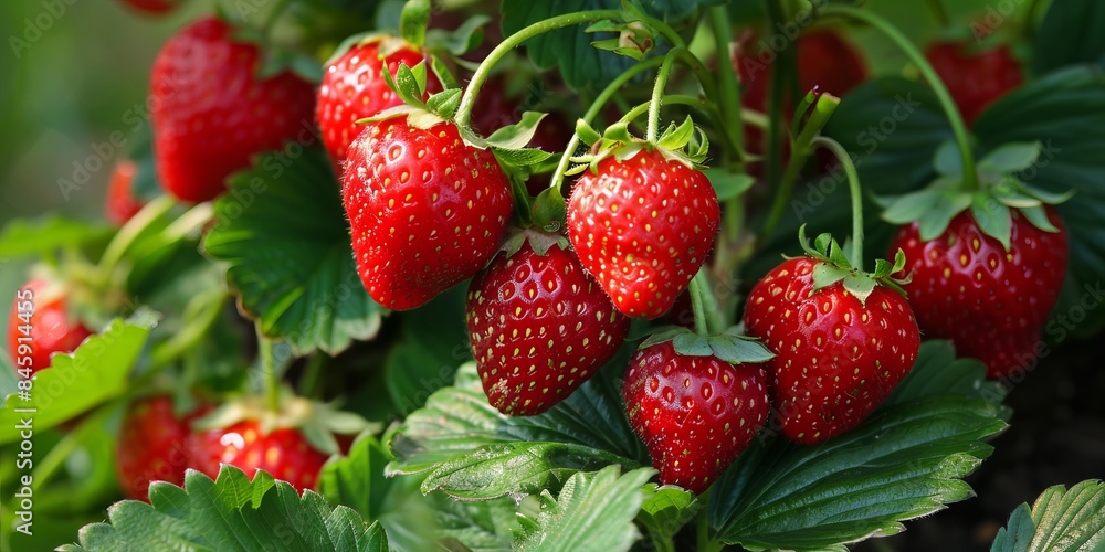A bunch of ripe strawberries grows in abundance on the bush. The strawberries are surrounded by healthy green leaves and stems. A bunch of ripe strawberries grows in abundance on the bush. The strawberries are surrounded by healthy green leaves and stems.