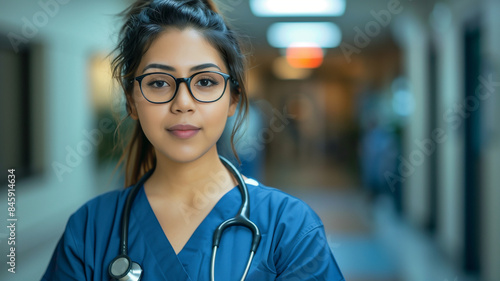 Close up female Asian-American nurse smiling in a brightly lit hallway in a hospital.