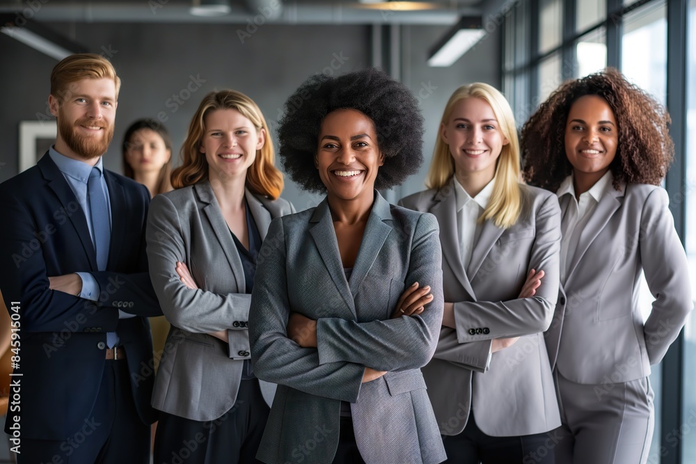 A diverse group of business professionals stands confidently with arms crossed, showcasing collaboration and success. A diverse group of business professionals stands confidently with arms crossed, showcasing collaboration and success.