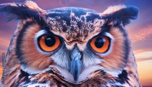beautiful eyes of a wild owl in the evening sky