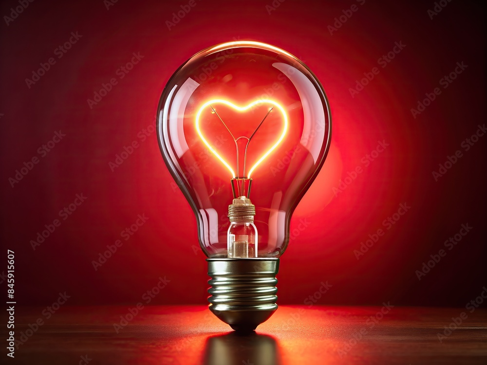 glowing light bulb with filament shaped heart on red background glowing light bulb with filament shaped heart on red background