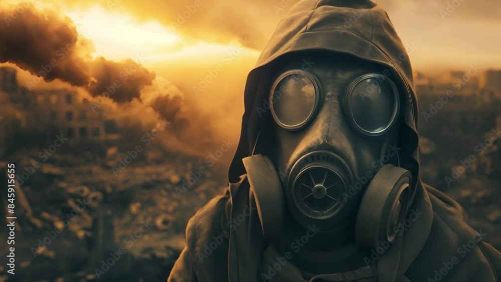 A man in survivor in gas mask, Environmental disaster, Post apocalyptic survivor, Armageddon concept A man in survivor in gas mask, Environmental disaster, Post apocalyptic survivor, Armageddon concept